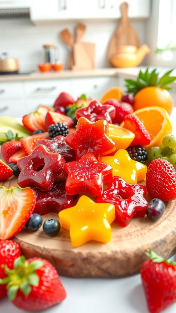 Colorful homemade fruit snacks in various shapes on a wooden board, surrounded by fresh fruits.